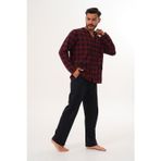 Erkek Damalı Önden Düğmeli Bordo Pijama Takımı 8021