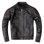 Erkek Dana derisi Motosiklet Montu, Siyah, Slim Fit, Omuzları Kapitone, Dik Yaka, Cepleri Fermuarlı (Kahverengi, 2XL)