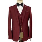 Erkek Dar Kesim Takım Elbise Ceket, Düğün Blazer Tek Düğmeli Elbise Takım İş Sporları Kaban 3 Parça Takım Elbise, Bordo, XS (44/29)
