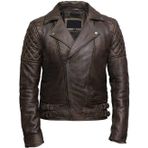 Erkek Deri Bisikletçi Ceketi - Asimetrik Vintage Günlük Gerçek Deri Ceket - Erkek Motosiklet Elmas Kapitone Eskitilmiş Doğal Bisikletçi Hakiki Deri Ceket, Distress Brown, XS