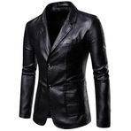 Erkek Deri Blazer Ceket, Slim Fit, Kuzu Derisi, İki Düğmeli, Çok Cepli (Süper slimFit, Siyah çift düğme kapamalı, L)