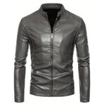 Erkek Deri Ceket, Slim Fit, Gri, Fermuarlı, Hakiki Kuzu Derisi (Gri Renk Hakiki Kuzu Derisi, M)
