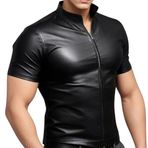 Erkek Deri Görünümlü Kısa Kollu Fermuarlı Gömlek, Hakim Yaka, Slim Fit, Siyah (Siyah, L)