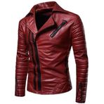 Erkek Deri Motosiklet Ceketi, Slim Fit, Kolları Kapitone, Önü Fermuarlı, Bordo (Bordo, 2XL)