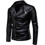 Erkek Deri Motosiklet Ceketi, Slim Fit, Kolları Kapitone, Önü Fermuarlı, Bordo (Siyah, L)