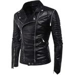 Erkek Deri Motosiklet Montu, Siyah, Fermuarlı, Slim Fit, Biker Yaka (Siyah, S)