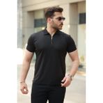 Erkek Deri Panel Detaylı Fermuar Yakalı Kısa Kollu Tişört - Siyah - 2XL