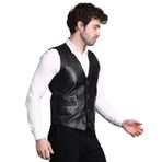 Erkek Deri Yelek, Kuzu Derisi, Slim Fit, V Yaka, Siyah, Düğmeli (Siyah, XS)