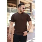 Erkek Desenli Çizgi Kabartmalı Kısa Kollu Tişört - Acı Kahve - 2XL
