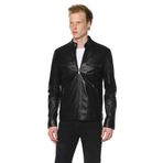 Erkek Dik Yaka Çok Cepli Fermuarlı Deri İşçilikli Suni Deri Mont