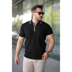 Erkek Dikey Kabartmalı Örgü Dokulu Fermuar Yakalı Tişört - Siyah - 2XL