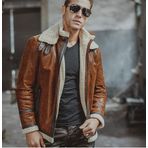 Erkek Doğal Shearling Deri Klasik Yaka Tasarım Motosiklet Kahverengi Ceket Hakiki, kahverengi, L