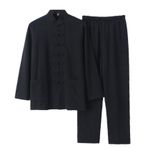 Erkek dövüş sanatları Kung Fu ceket, pamuk, keten, uzun kollu takım elbise, Tai Chi üniforma (M-4 XL) Siyah-M
