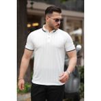 Erkek Düğme Yakalı Jakar Kumaş Kısa Kollu Tişört - Beyaz - 2XL