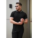 Erkek Düğme Yakalı Jakar Kumaş Kısa Kollu Tişört - Siyah - 2XL