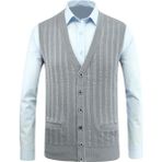 Erkek Düğmeli Yelek Cepli Desenli Çelik Örgü Klasik Kalıp - 5203L - 2XL - Gri