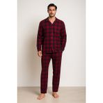 Erkek Ekose Desenli Düğmeli Pijama Takımı Bordo