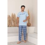 Erkek Ekose Desenli Kısa Kol Pijama Takımı - M - Mavi