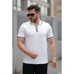 Erkek Fermuar Yakalı Çizgi Detaylı Kısa Kollu Tişört - Beyaz - 2XL
