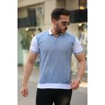Erkek Fermuar Yakalı Çizgili Kısa Kollu Tişört - Beyaz - Mavi - 2XL