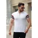 Erkek Fermuar Yakalı Kolları Desenli Kısa Kollu Tişört - Beyaz - 2XL