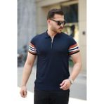 Erkek Fermuar Yakalı Kolları Desenli Kısa Kollu Tişört - Lacivert - XL