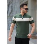 Erkek Fermuar Yakalı Şerit Renk Desenli Kısa Kollu Tişört - Yeşil - 2XL