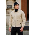 Erkek Fermuarlı Basic Cepli Krem Bol Kot Ceket - XL