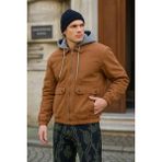 Erkek Fermuarlı Basic Kahve Kapşonlu Kot Ceket - Kahverengi - 2XL