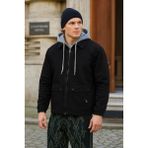 Erkek Fermuarlı Basic Siyah Kapşonlu Kot Ceket - 2XL