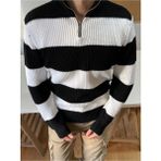 Erkek Fermuarlı Çizgili Desenli Triko Kazak - XL - Siyah - Beyaz