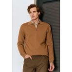 Erkek Fermuarlı Polo Yaka Kazak Triko Kabartmalı Örgü Düz Renk Klasik Kalıp - 5240F - Camel - XL