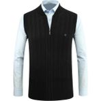 Erkek Fermuarlı Triko Yelek Çelik Örgü Desenli Cepli Klasik Kalıp - 5209J - XL - Siyah