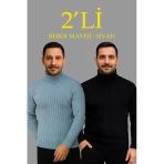 Erkek Fitilli Kazak Tam Boğazlı Balıkçı Yaka Triko 2'Li Set Bebek Mavisi-Siyah