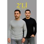 Erkek Fitilli Triko Kazak 2’Li Set Siyah Gri Kalın Dokuma Pamuklu Regular Fit Bisiklet