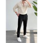 Erkek Flam Çizgili Oversize Keten Gömlek - Bej - Beyaz - 2XL