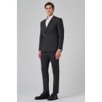 Erkek Füme Poliviskon Trend Çizgili Slim Fit Sivri Yaka Kruvaze Takım Elbise - 6 Drop - 46