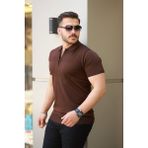 Erkek Göğüs Pirinç Desenli Fermuar Yakalı Kısa Kollu Tişört - Acı Kahve - 2XL