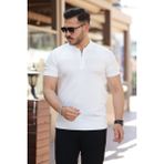 Erkek Göğüs Pirinç Desenli Fermuar Yakalı Kısa Kollu Tişört - Beyaz - 2XL