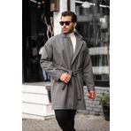 Erkek Gri Kemerli Oversize Rahat Kesim Kaşe Kaban