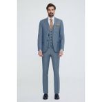 Erkek Gri Mavi Slim Fit Yelekli Takım Elbise - Gri - Mavi - 46 / 6