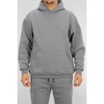 Erkek Gri Oversize Kapüşonlu Sweatshirt 3 iplik Şardonlu Kanguru Cepli