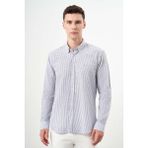 Erkek Gri Pamuk Çizgili-Panolu Italyan Yaka Slim Fit Gömlek - XL