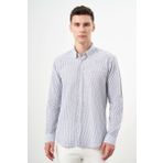 Erkek Gri Pamuk Çizgili-Panolu İtalyan Yaka Slim Fit Gömlek