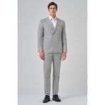 Erkek Gri Poliviskon Trend Çizgili Slim Fit Sivri Yaka Kruvaze Takım Elbise - 6 Drop - 48