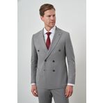Erkek Gri Poliviskon Trend Kruvaze Çizgili Desen Slim Fit Sivri Yaka Takım Elbise