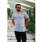 Erkek Gri Slim Fit Büyük Çapa Desenli Kısa Kollu Tişört 20etshbcap