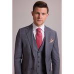 Erkek Gri Slim Fit Kareli Yelekli Yün Mono Yaka Takım Elbise