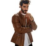 Erkek Günlük Doğal Kahverengi Racer Hakiki Deri Ceket - Moda Sokak Kıyafeti Gerçek Deri Ceket - Tasarımcı Delikli Dolgulu Kuzu Derisi Kafe Yarışçısı - Lüks Kafe Yarışçısı Günlük Deri Ceket, Cafe Race1, XL
