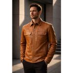Erkek Hakiki Deri Ceket Taba Gömlek Model Premium Slim Fit Gerçek Deri Mont Üretici Garantili 19060